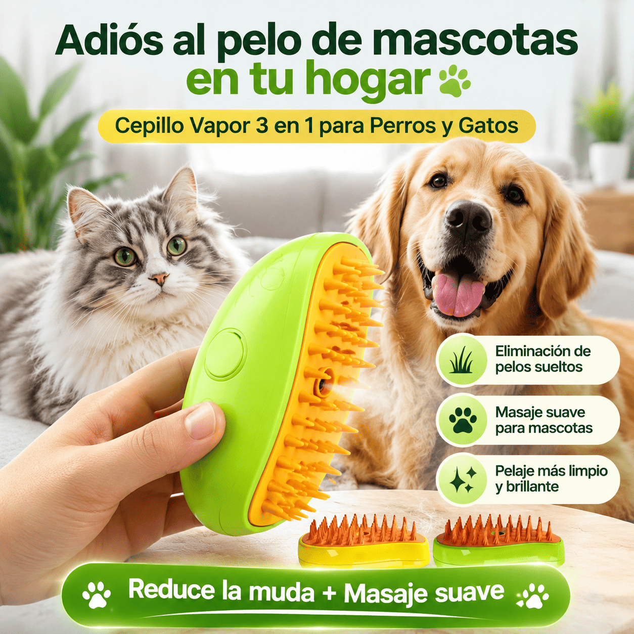 Cepillo Vapor Removedor de Pelo para Mascotas 3 en 1 | Perros y Gatos